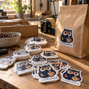 Ejemplo ilustrativo: pegatinas troqueladas para la marca conceptual de café LUNARDA, junto a una bolsa kraft